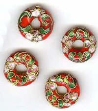 4 16x5mm Red Cloisonné Donuts